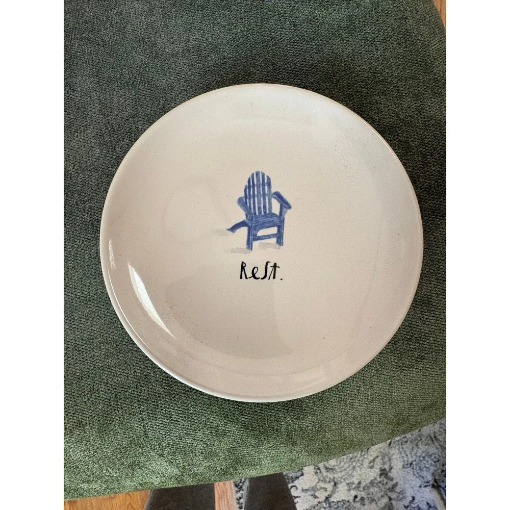 Rae Dunn round plate blue Adirondack chair patriotic ceramic